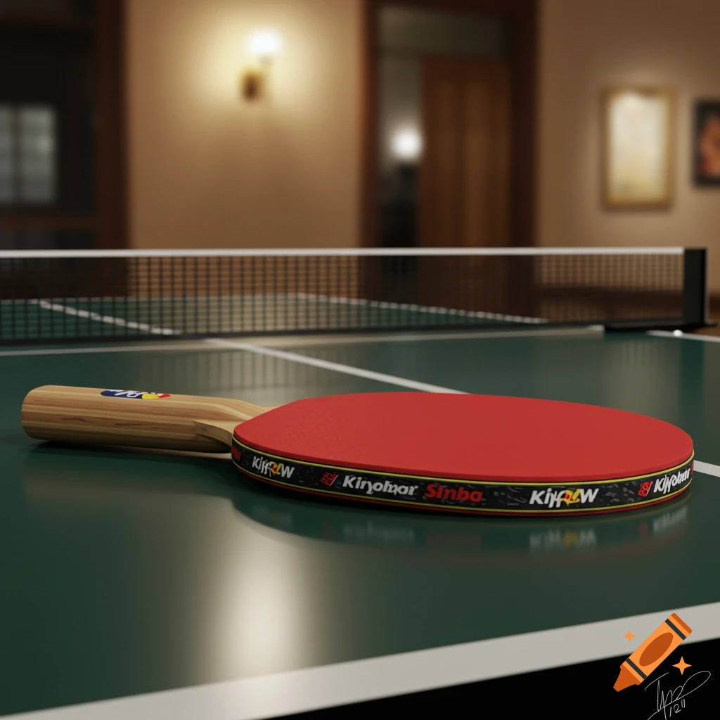 A close-up of a red ping pong racket on a green ping pong table in a blurred interior setting, photorealistic style.