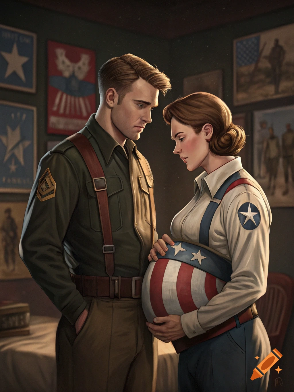 Man in military uniform and pregnant woman in uniform look at her belly.