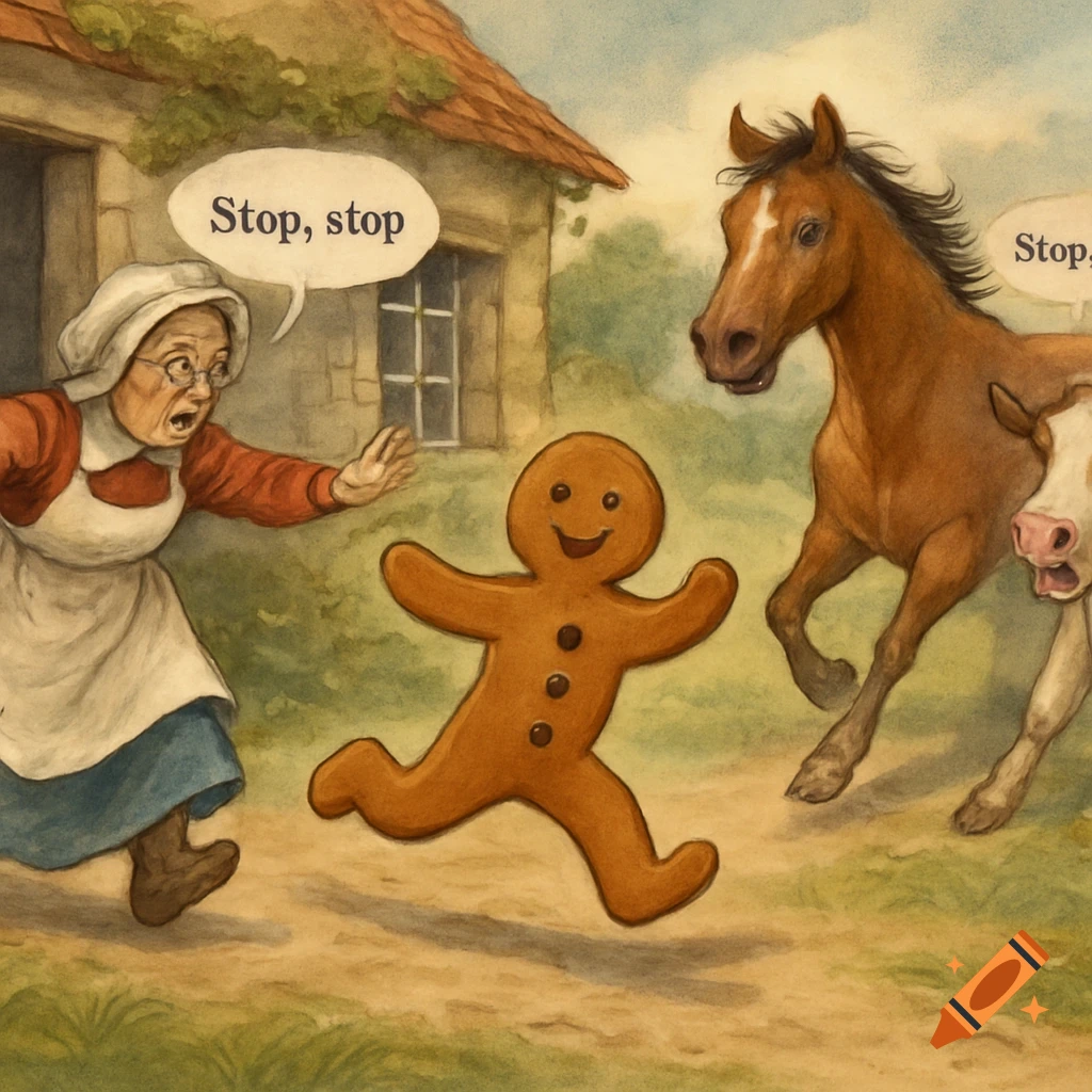 Watercolor illustration of a gingerbread man running from an old woman, horse, and cow saying "Stop, stop".