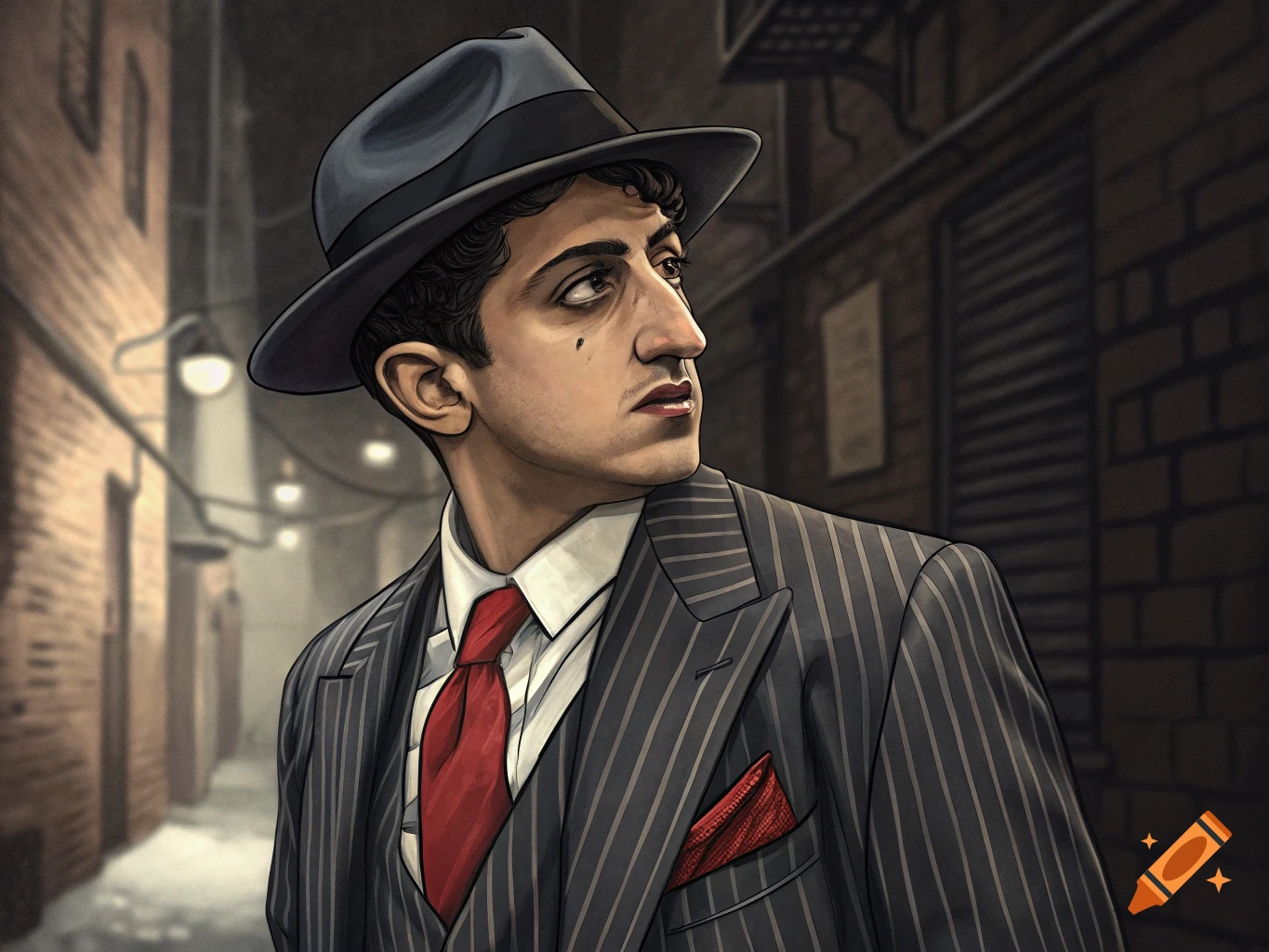 Illustration of a man in a pinstripe suit and fedora in a dimly lit alley