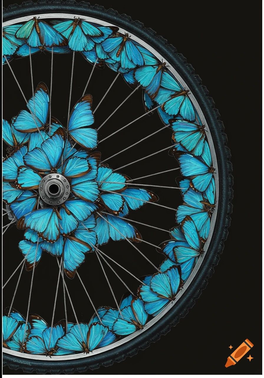 A bicycle wheel composed entirely of blue butterflies against a black background.