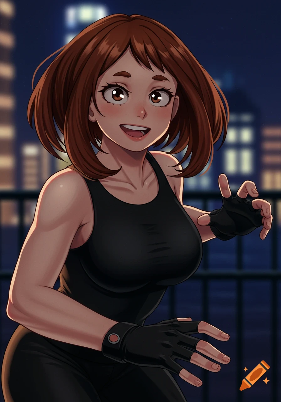 Ochako Uraraka in a black tank top and spy gloves, smiling, standing at night with buildings in the background.