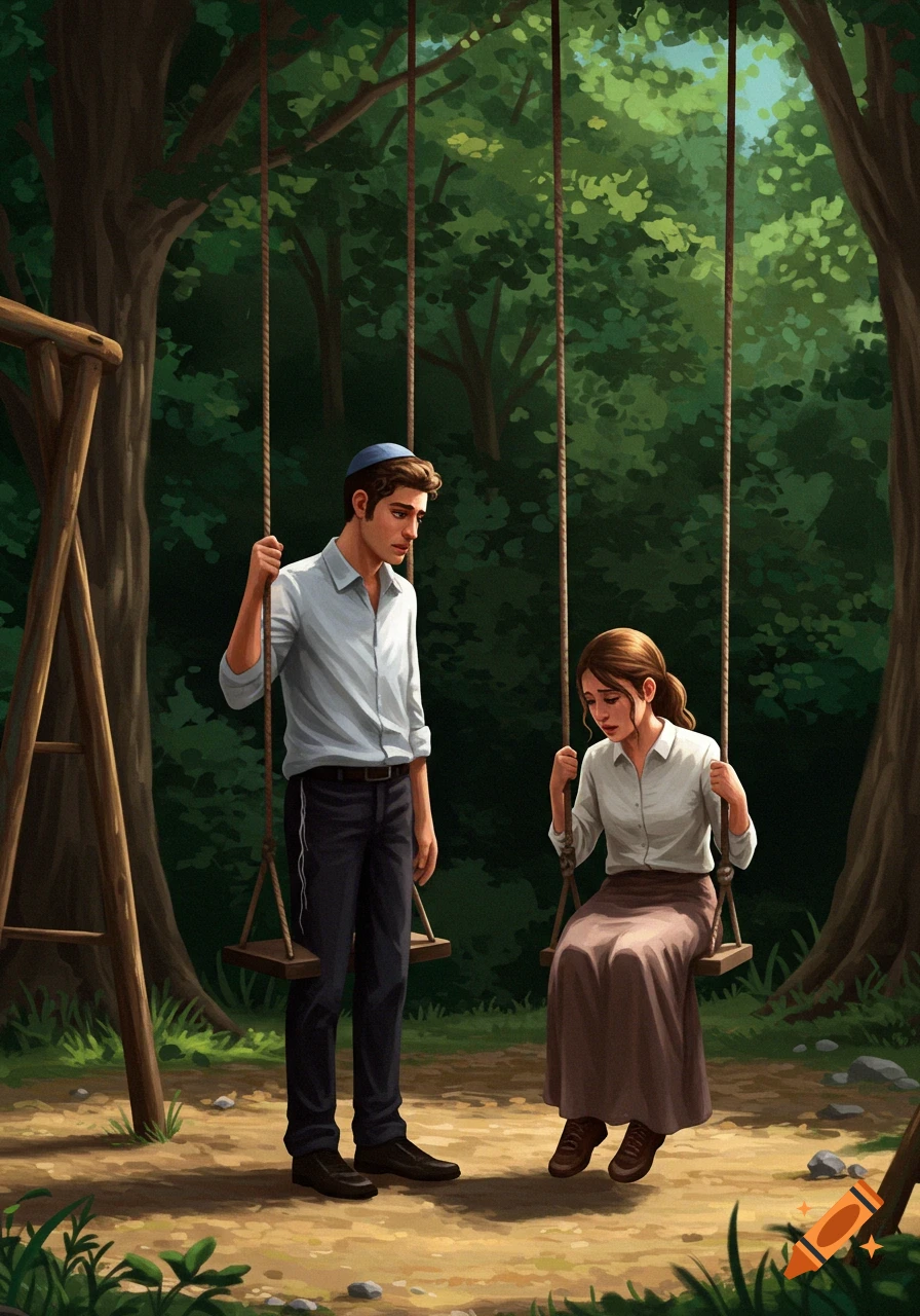 A young Jewish man and woman sit on swings in a forest, appearing sad and contemplative