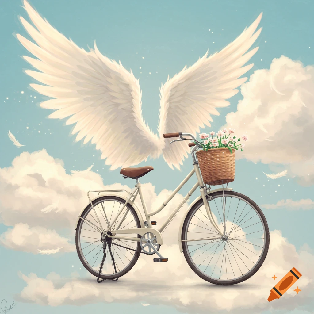 A white bicycle with large angel wings floats in a blue sky with clouds, carrying a basket of flowers.