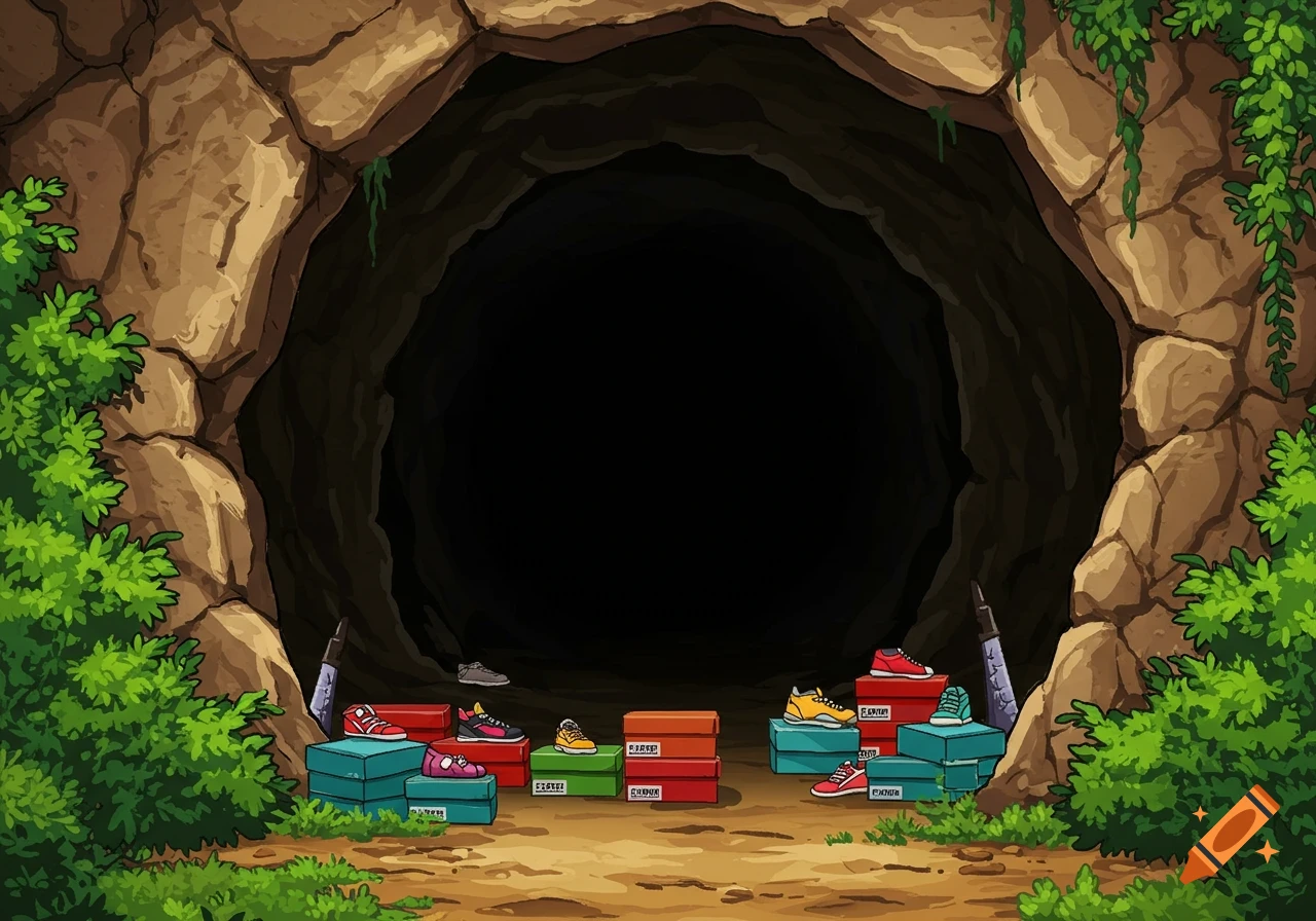 Cartoon illustration of a cave entrance with bushes and stacks of colorful shoe boxes and shoes inside.