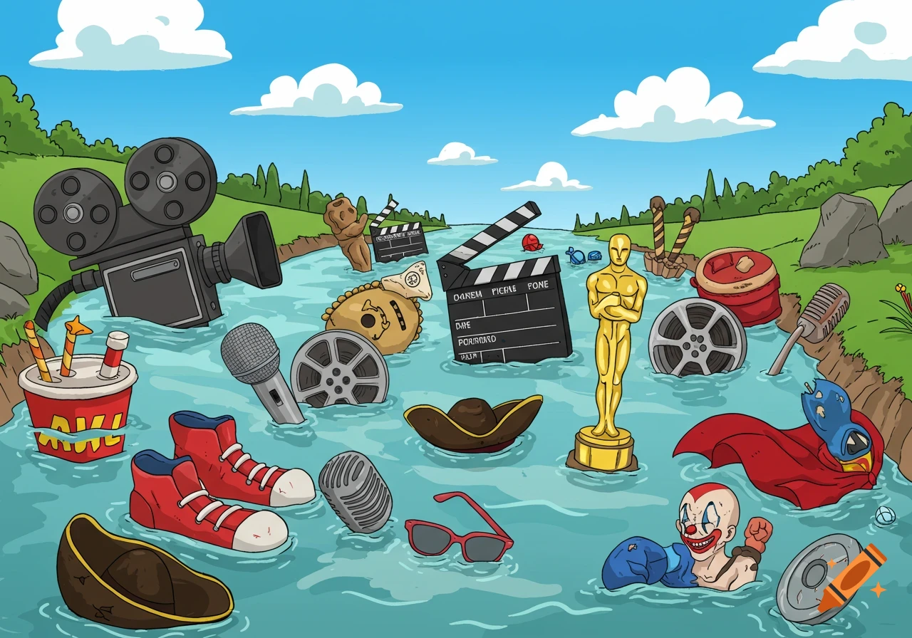 Cartoon illustration of movie objects like a camera, clapperboard, Oscar statue, and film reels floating in a river.