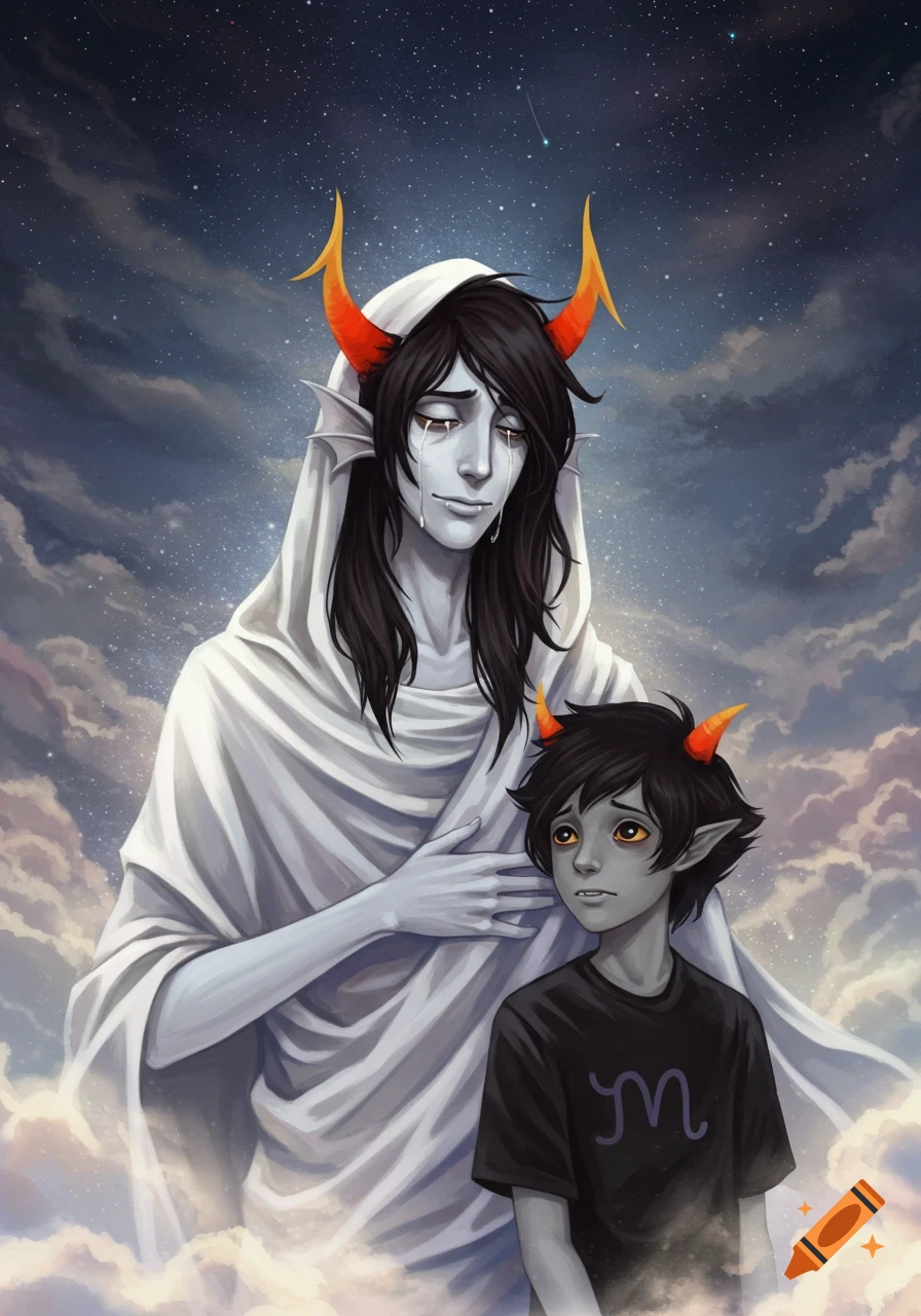 An illustrated portrait of two grey-skinned, horned figures in clouds under a starry sky. The larger figure in white cries, while the smaller figure in black looks sad.