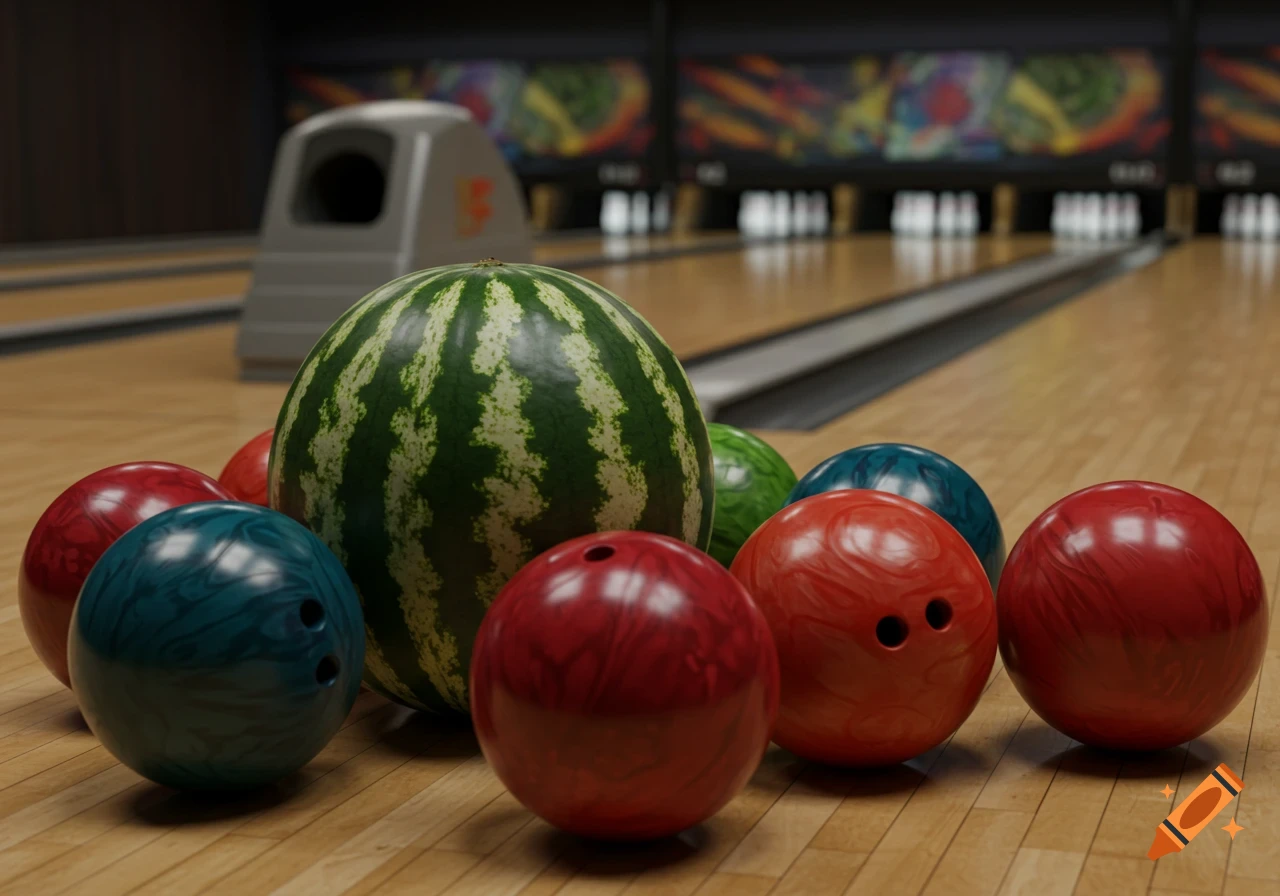 A large watermelon sits among bowling balls on a bowling lane.