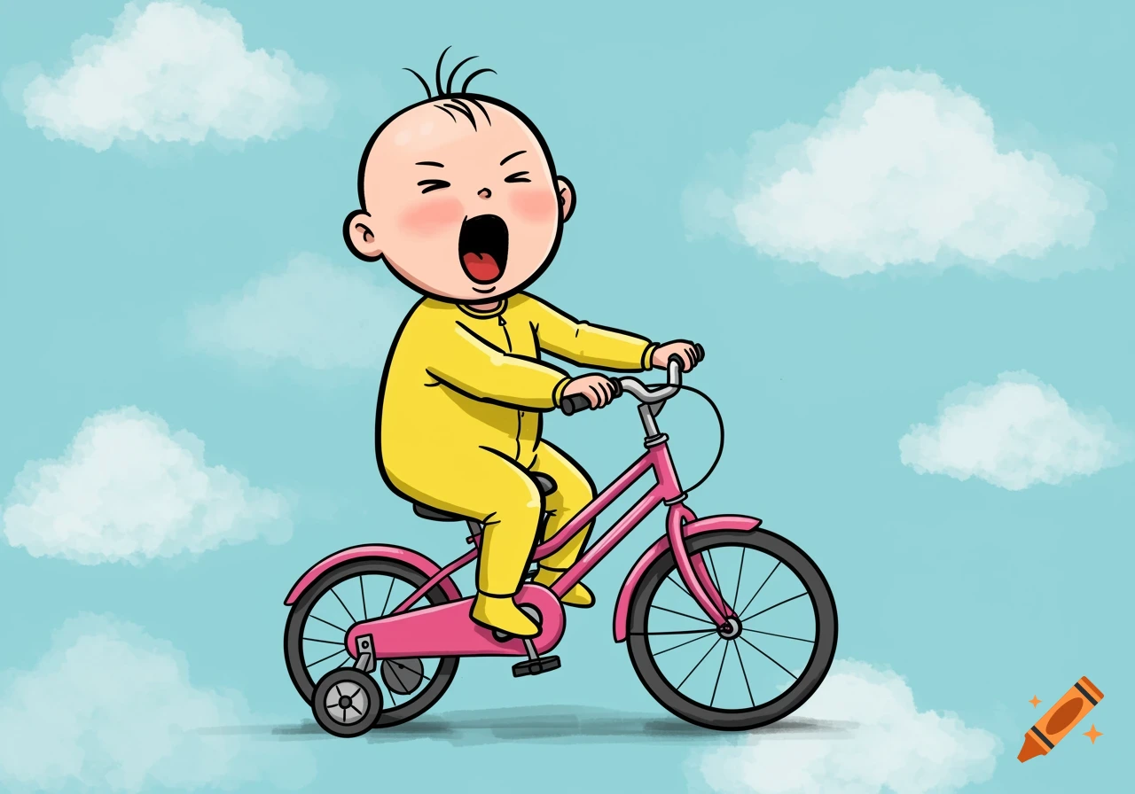 Cartoon baby on a pink bike with training wheels screaming under a cloudy sky