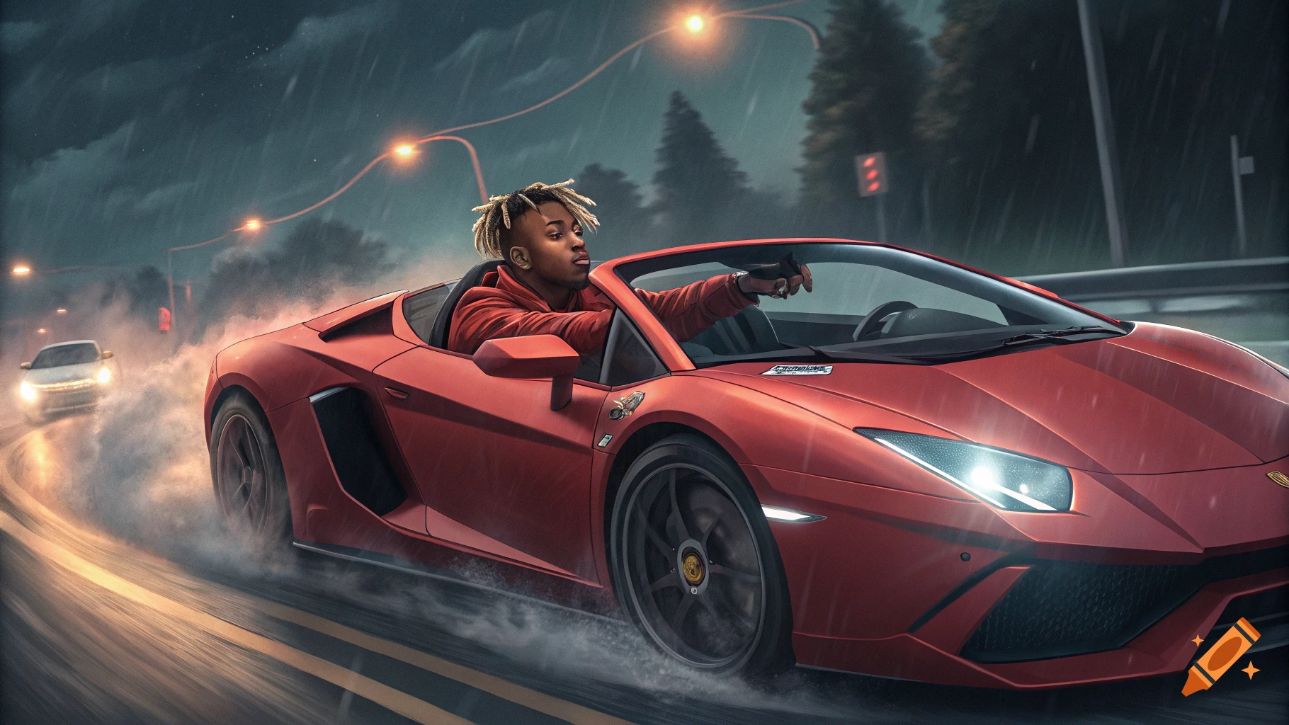 Figure resembling Juice WRLD drifting a red Lamborghini sports car in the rain.