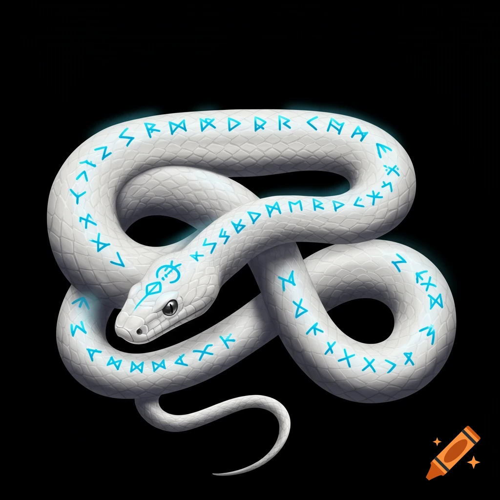 A white snake with glowing blue runes on a black background.
