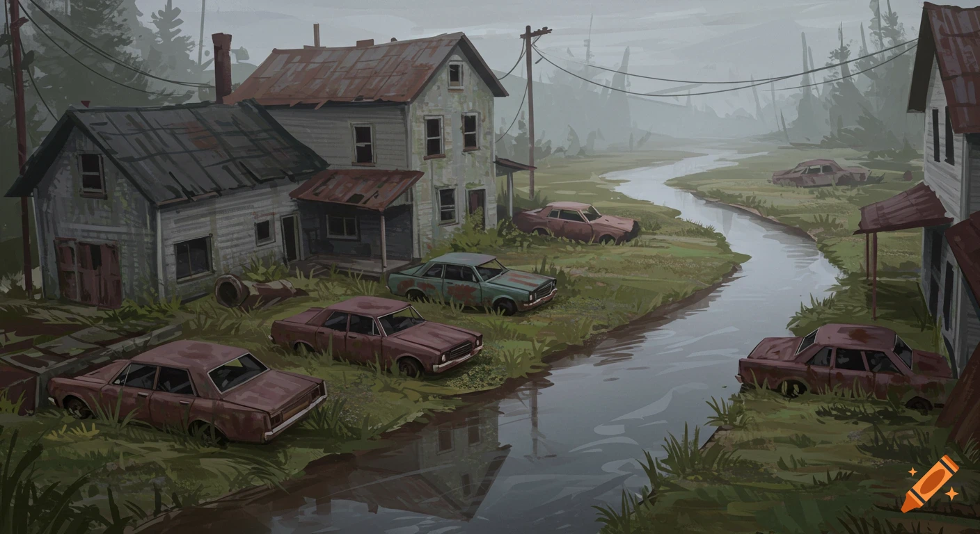 Digital painting of abandoned cars and houses along a river.