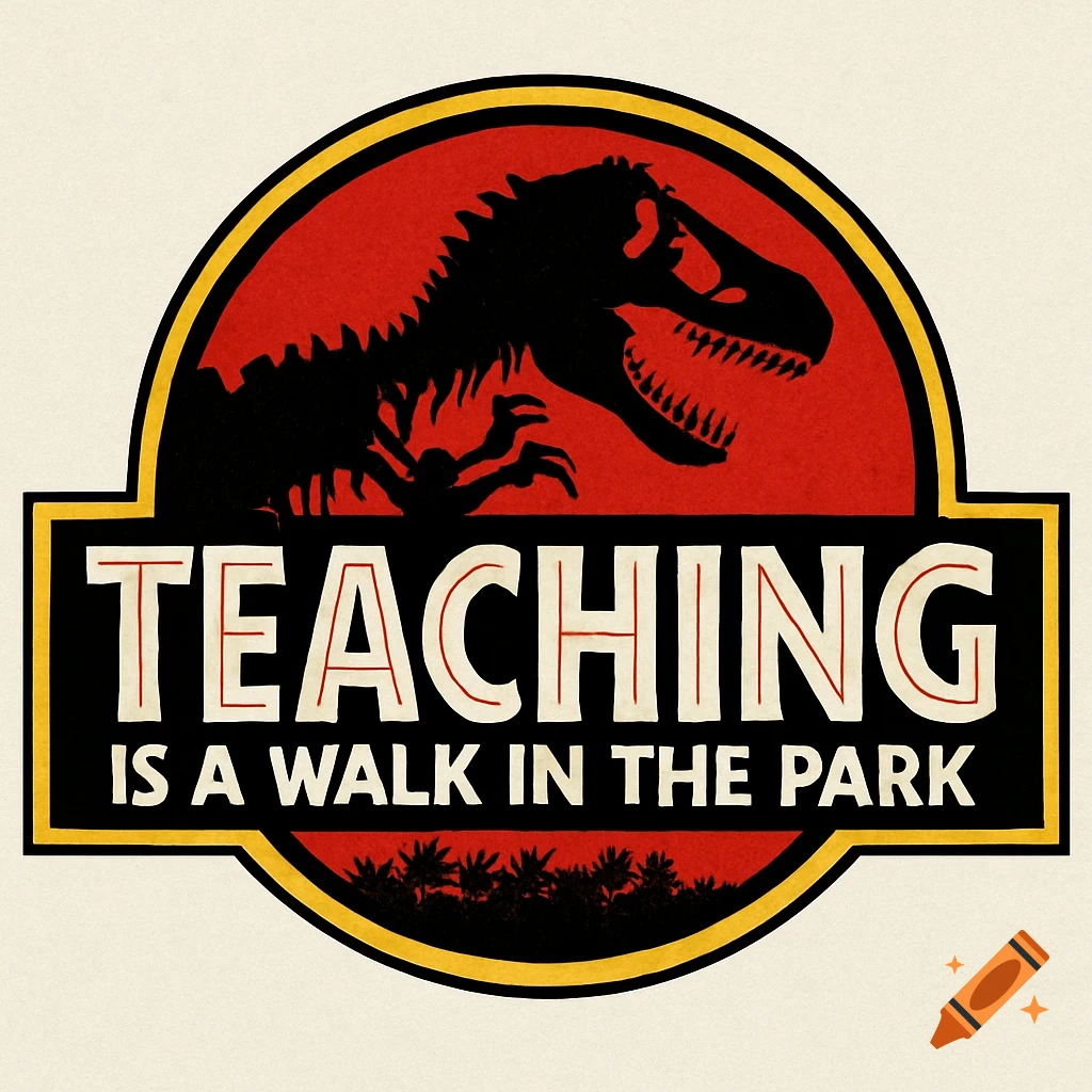 Parody Jurassic Park style logo with a dinosaur skeleton silhouette and text 'TEACHING IS A WALK IN THE PARK'.