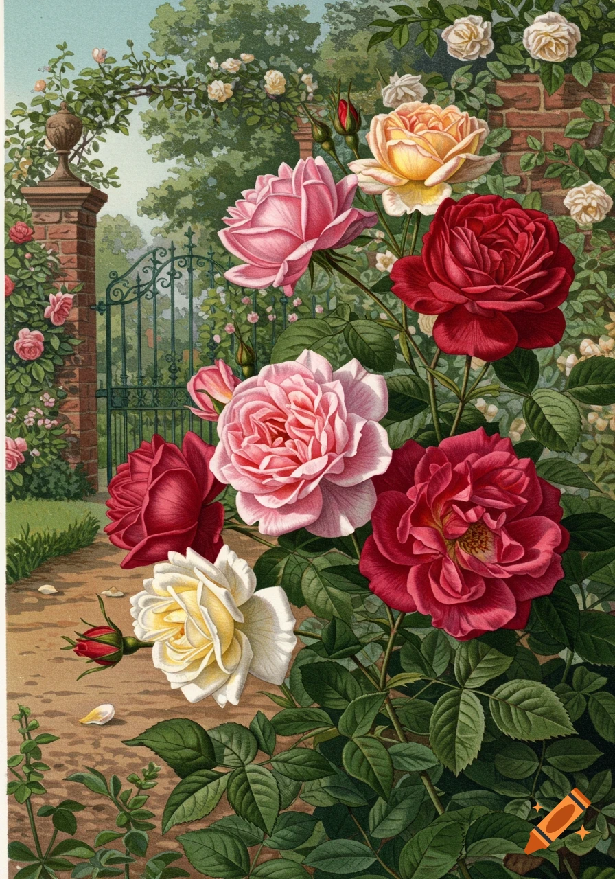 Vintage illustration of a rose bush with red, pink, and yellow roses in a garden
