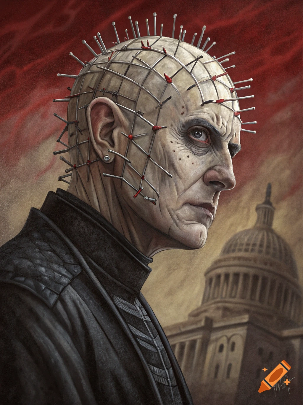 Profile portrait of a character resembling Pinhead with nails in his head, with the US Capitol building in the background.