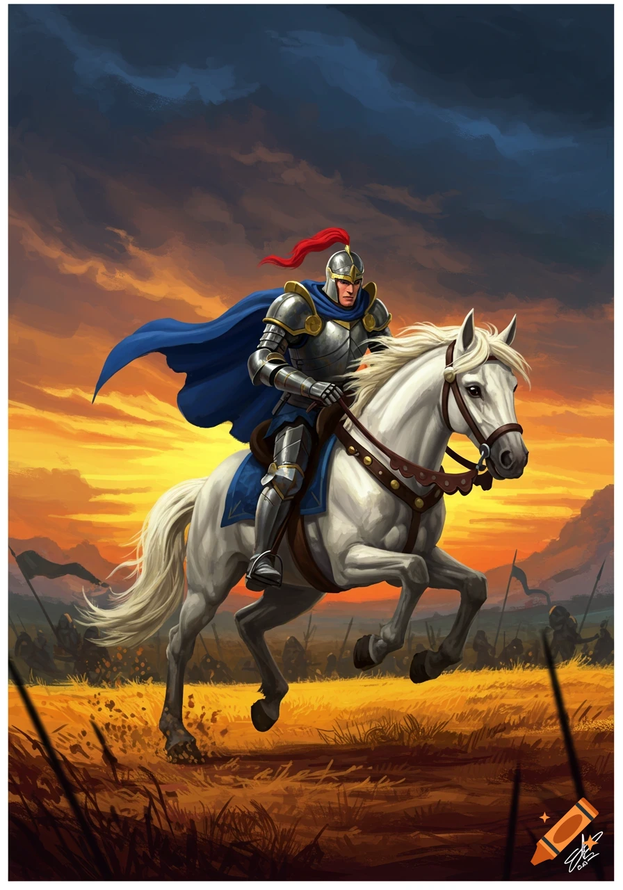 A knight in armor rides a white horse charging across a field at sunset, with soldiers in the background.