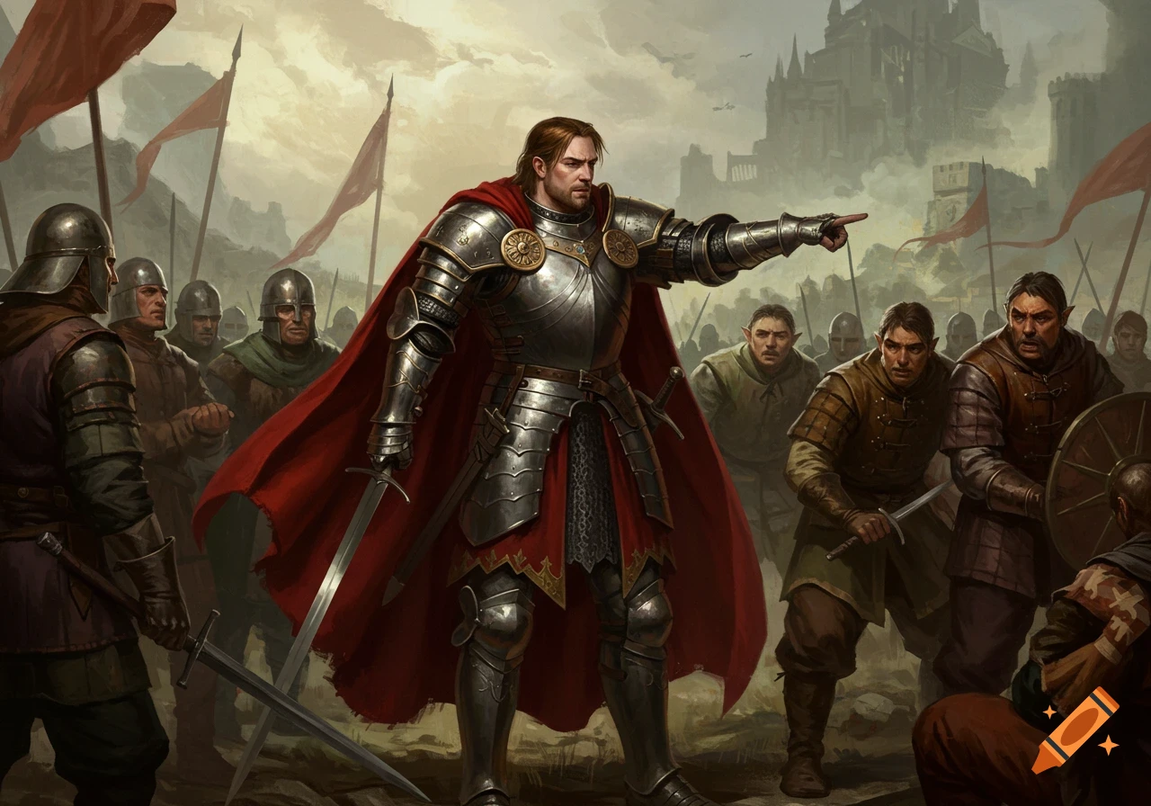 Fantasy knight leading soldiers on a battlefield, pointing, oil painting.