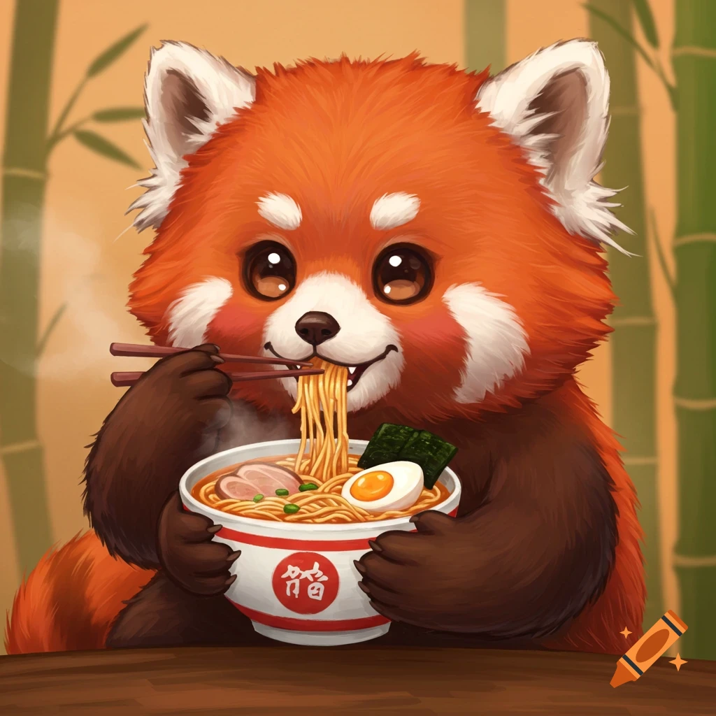 A cute red panda eating ramen with chopsticks from a bowl, cartoon illustration.