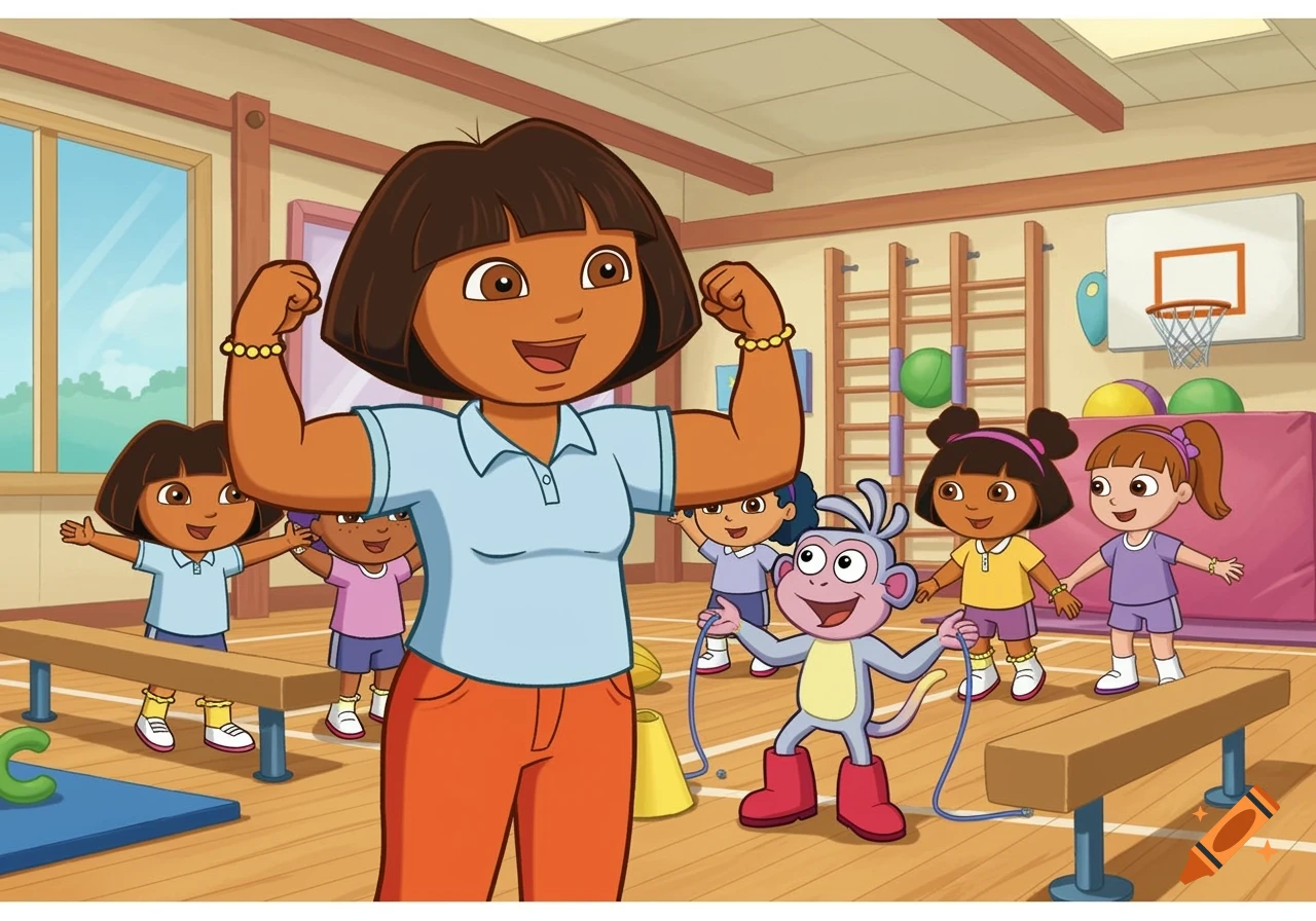 Dora the Explorer characters in a gym class. The teacher flexes her muscles while Dora and friends participate.