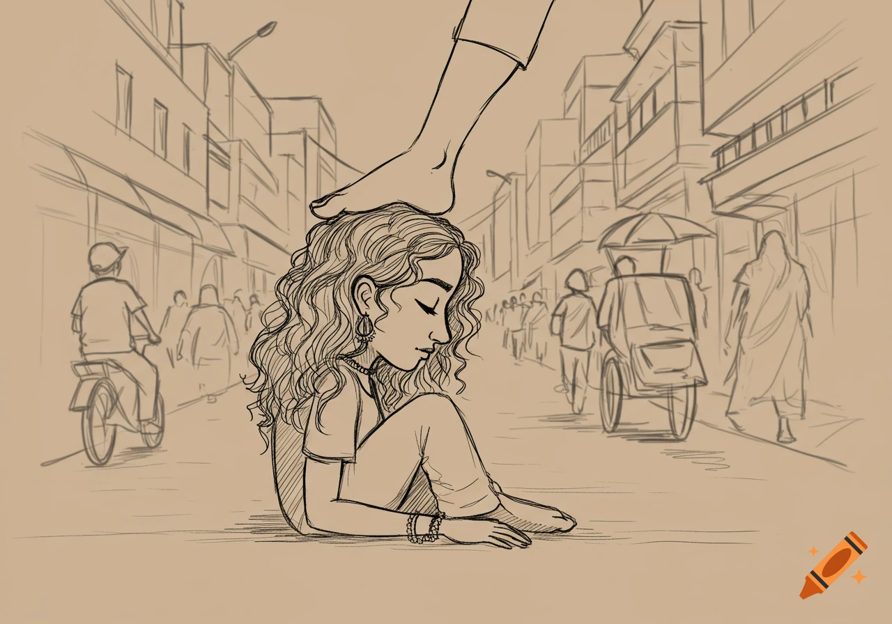 Sketch of a girl kneeling in a street with a foot resting on her head.
