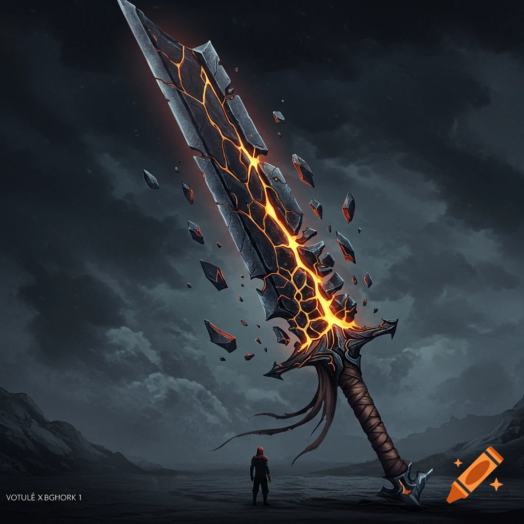 A giant dark stone sword with glowing molten cracks stands in a desolate landscape under a stormy sky, a small figure looks up at it.