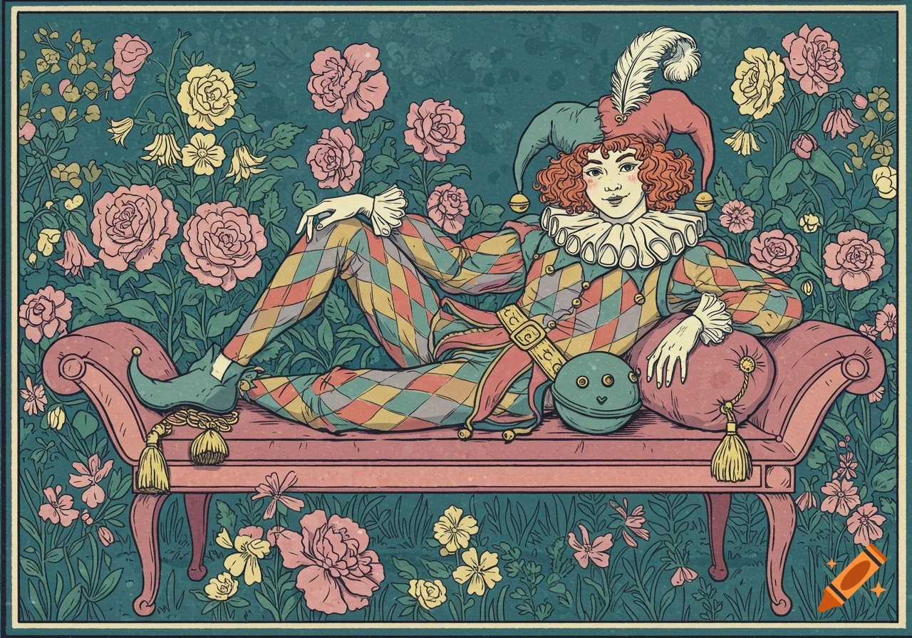 Line drawing illustration of a jester in a colorful diamond pattern costume lounging on a pink couch surrounded by pink and yellow flowers.