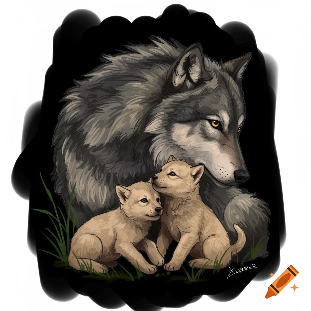 Illustration of a grey wolf with two cubs