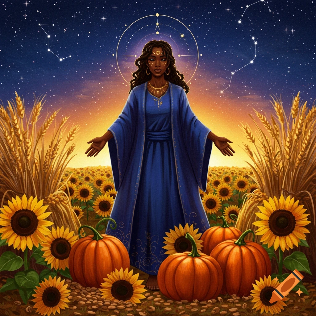 A woman in a blue robe stands in a field of sunflowers and wheat with pumpkins, under a starry sky with constellations.