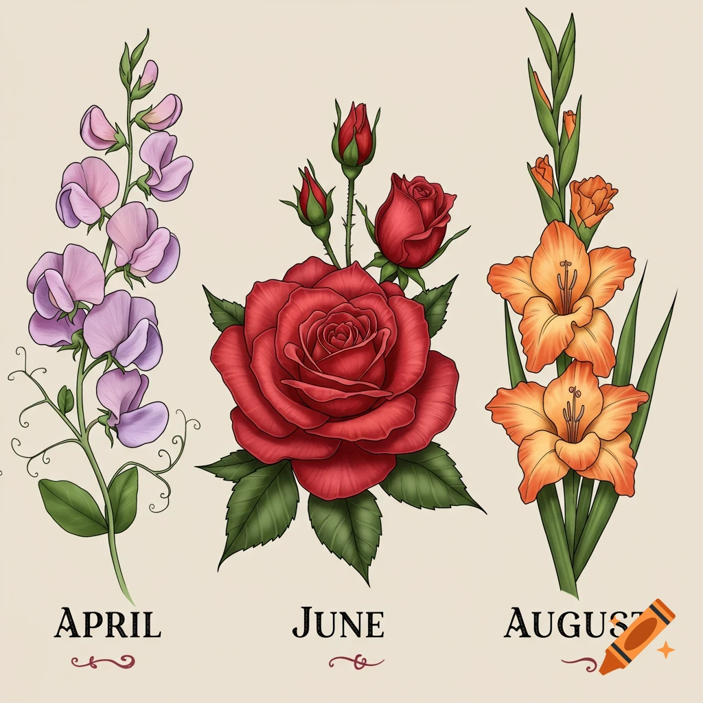 Illustrations of April, June, and August birth flowers (sweet pea, rose, gladiolus) with month names below, in tattoo style.