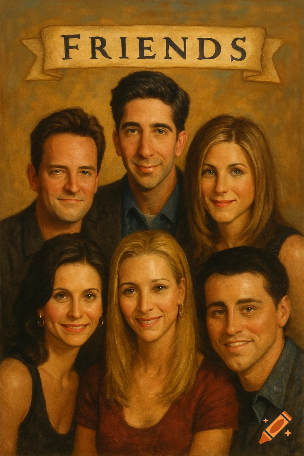 Group portrait painting of the cast of Friends TV show with the title banner