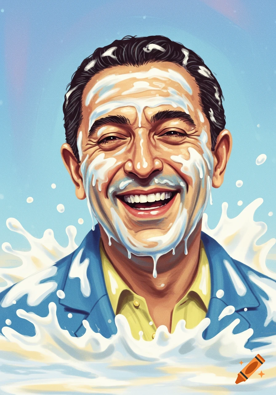 Stylized illustration of a man's face covered in splashing milk.