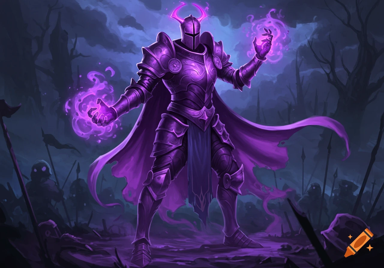 A purple spectral knight in elaborate armor stands on a dark battlefield emanating purple energy, digital art.