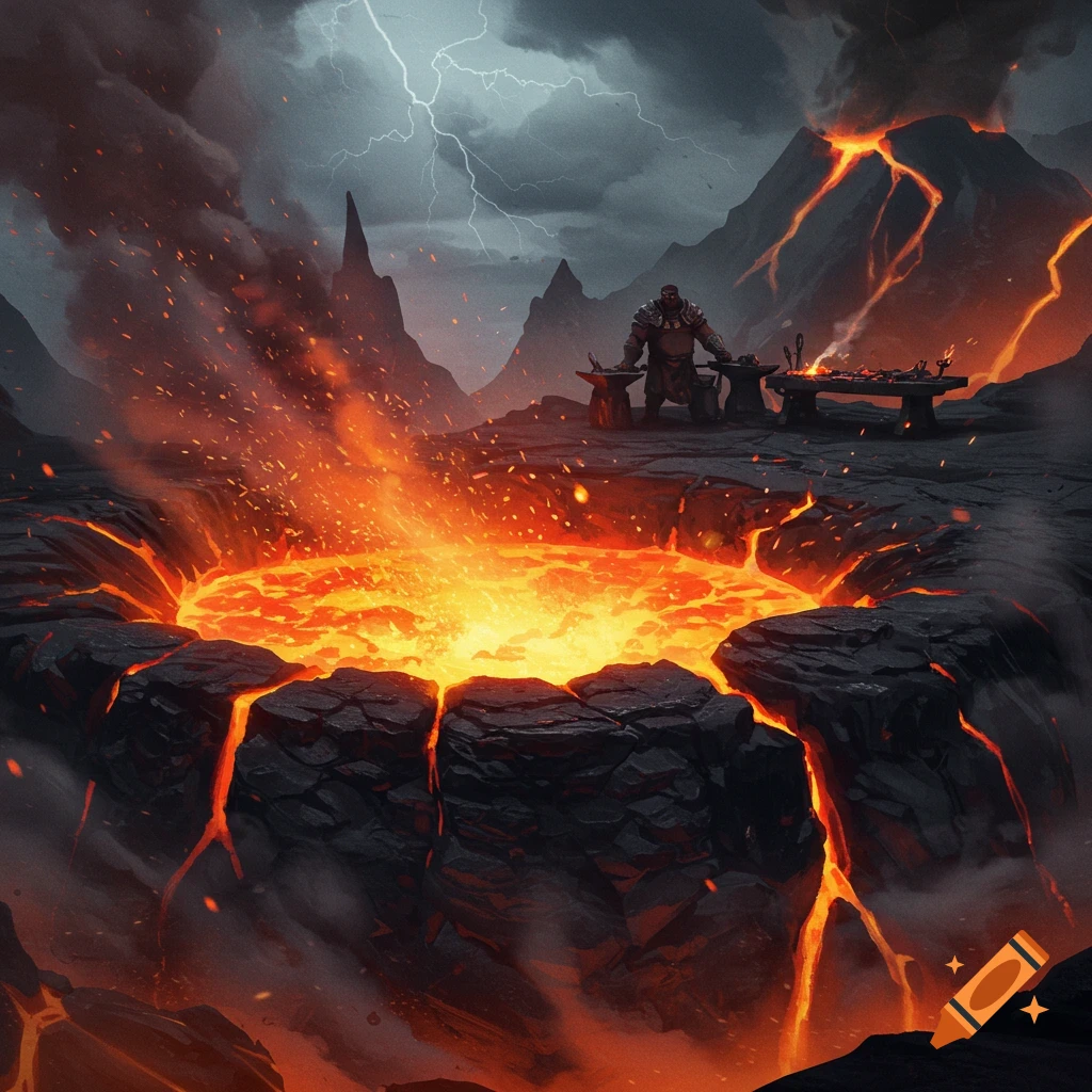 A figure works at a forge near a large pool of glowing lava under a stormy, lightning-filled sky. Fantasy digital art.