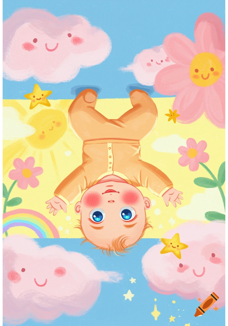 An illustration of a baby crawling upside down on a ceiling, surrounded by whimsical clouds, stars, flowers, and a rainbow in a kids book style.