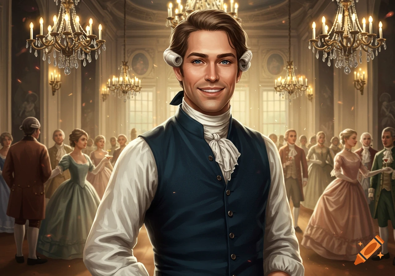 Handsome man in 18th-century attire at a ballroom party.