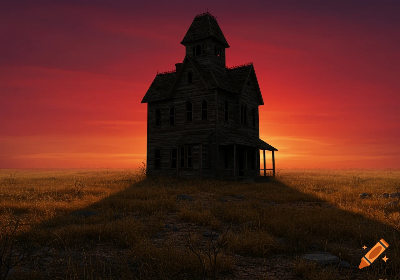 A dark house stands on a hill in a grassy field against an orange and red sunset.