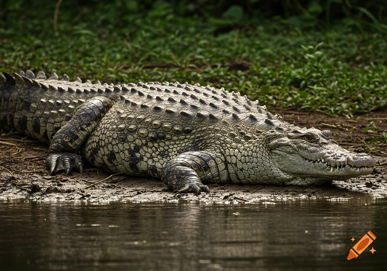 A photorealistic image of a crocodile lying on the ground near water.