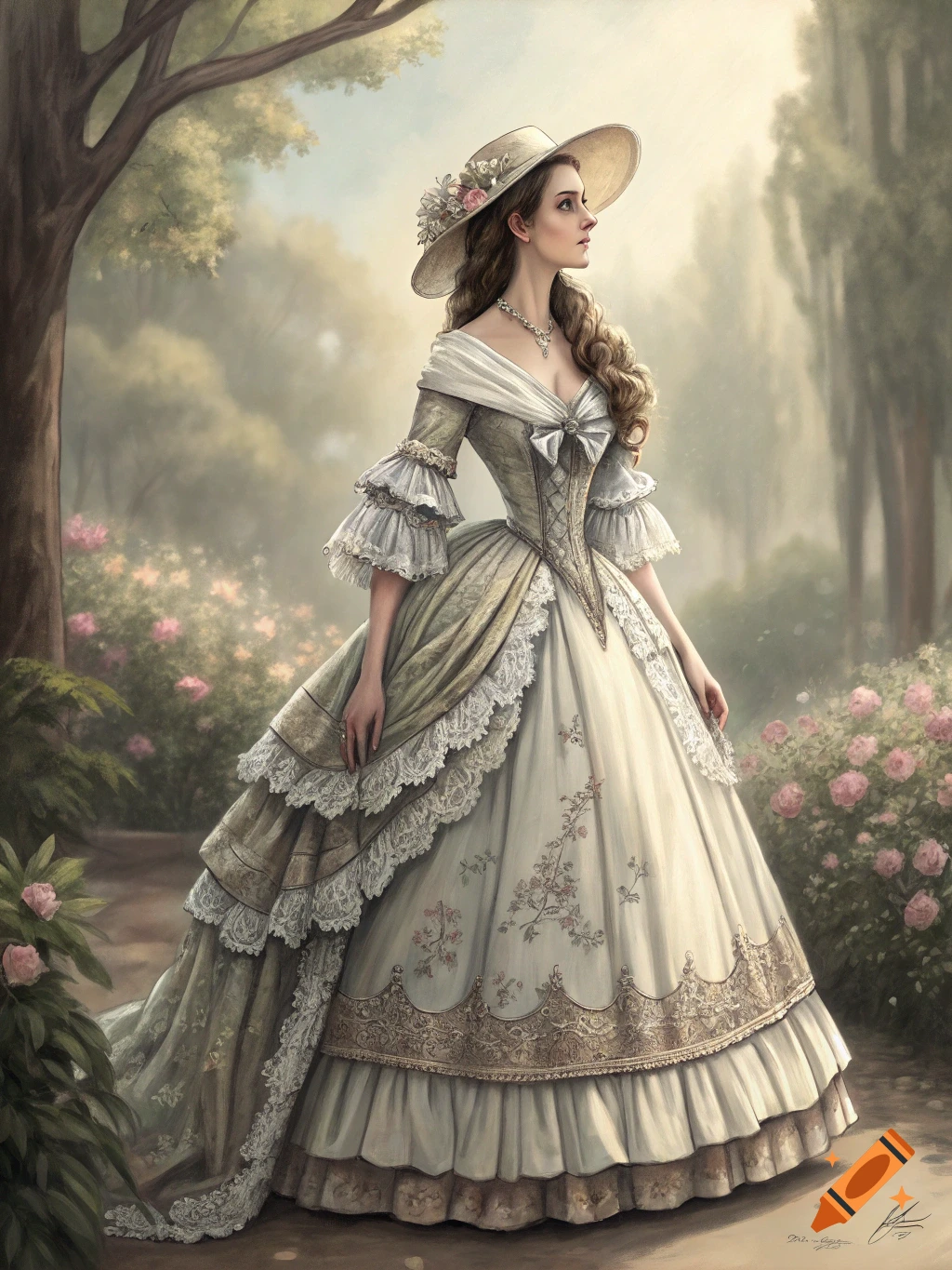 A woman in an elaborate antebellum-style dress stands in a garden.