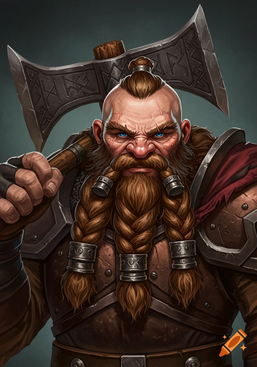 Fantasy portrait of a dwarf warrior with a braided beard holding a ...
