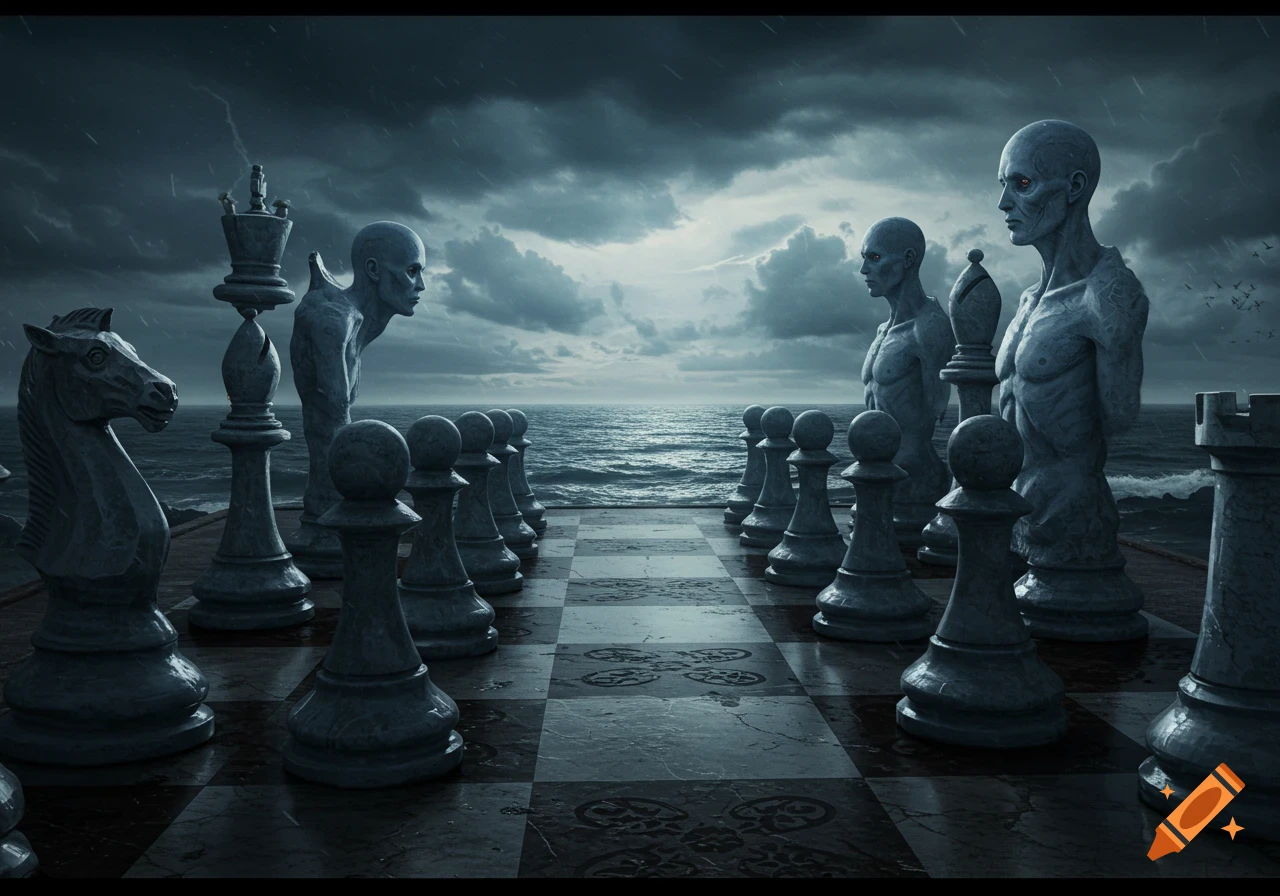 Human-like chess pieces on a chessboard by a dark, stormy ocean.