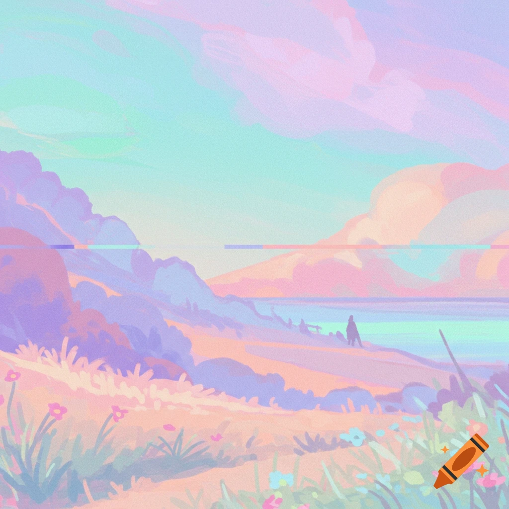 Pastel landscape with hills, lake, figure, and a glitch line artifact.