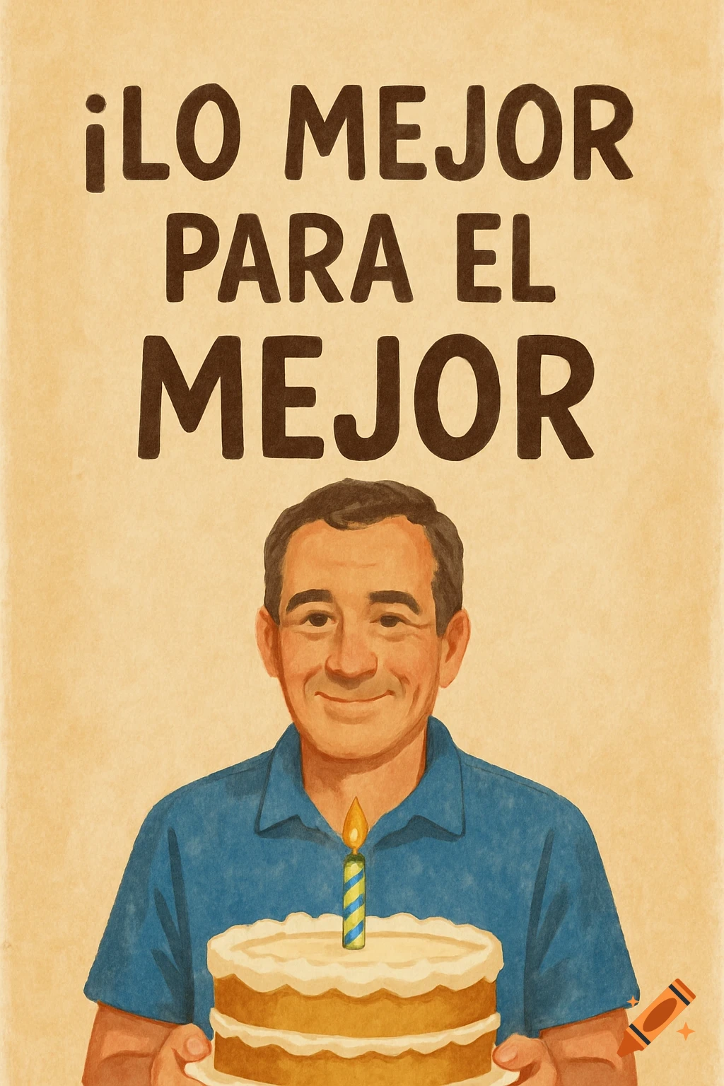 Illustration of a man holding a birthday cake with a candle. Text reads ".¡LO MEJOR PARA EL MEJOR!".