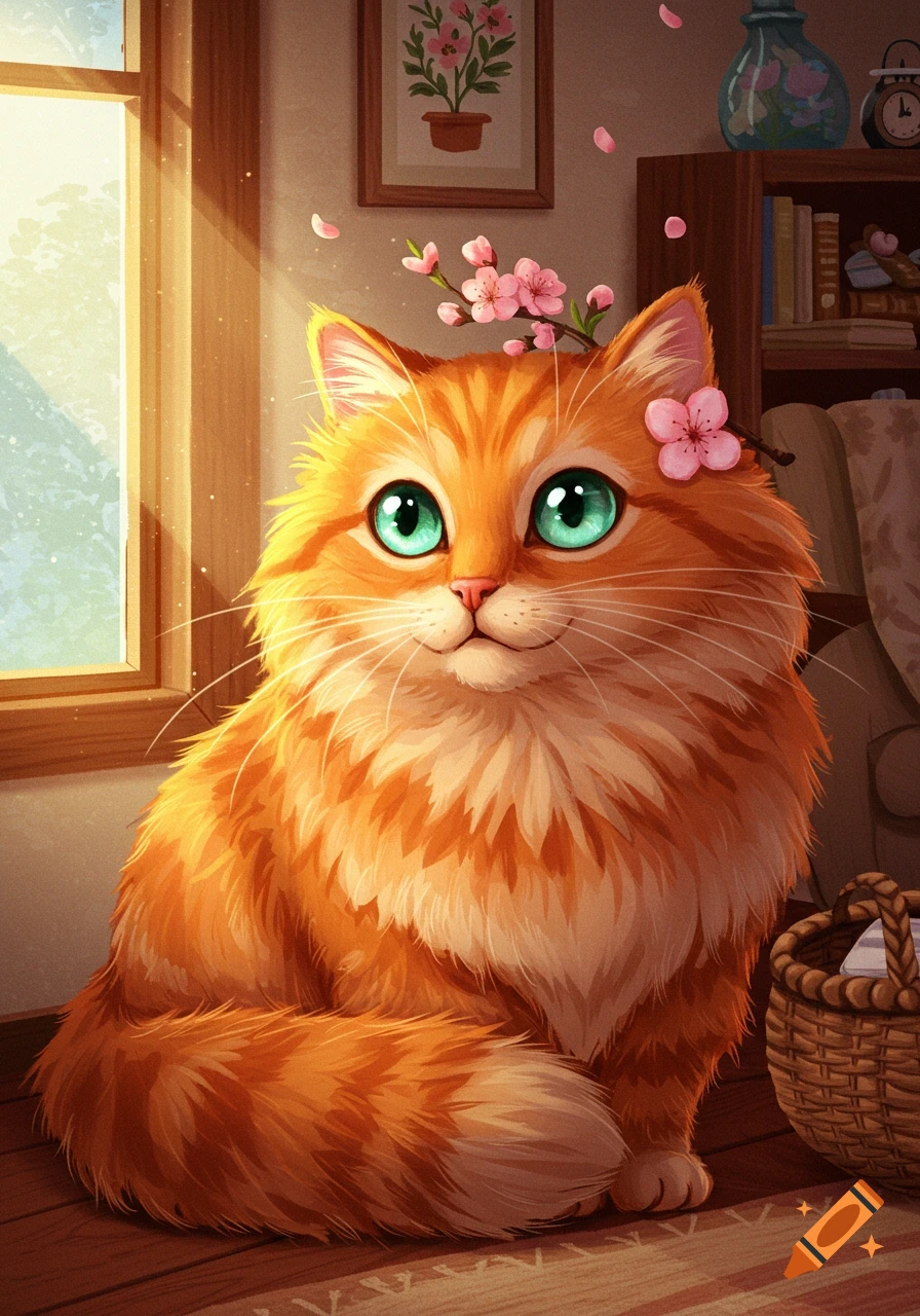 fluffy orange cat with green eyes and cherry blossoms sits by a window