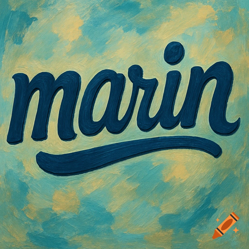 Thick blue lettering spelling 'marin' on a textured teal and yellow painted background.