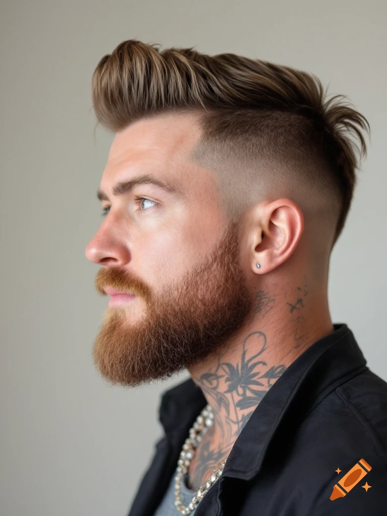 Profile portrait of a man with beard, low taper fade haircut, neck tattoos, and chain necklace.