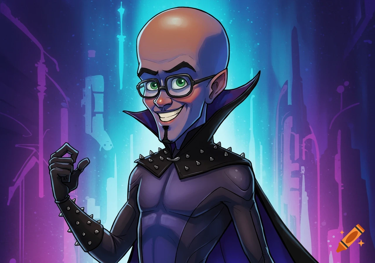 Illustration of Megamind in a supervillain costume standing in a futuristic city.