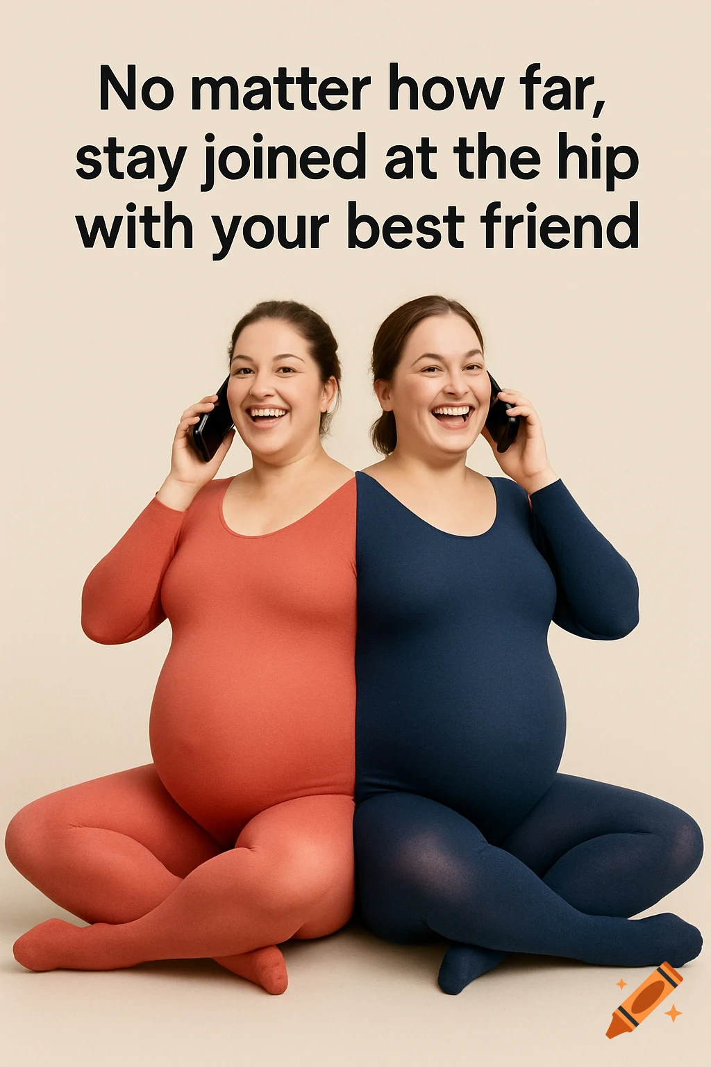 Two pregnant women fused into one body, sitting cross-legged, wearing red and blue outfits, talking on phones. Text above reads 'No matter how far, stay joined at the hip with your best friend'.