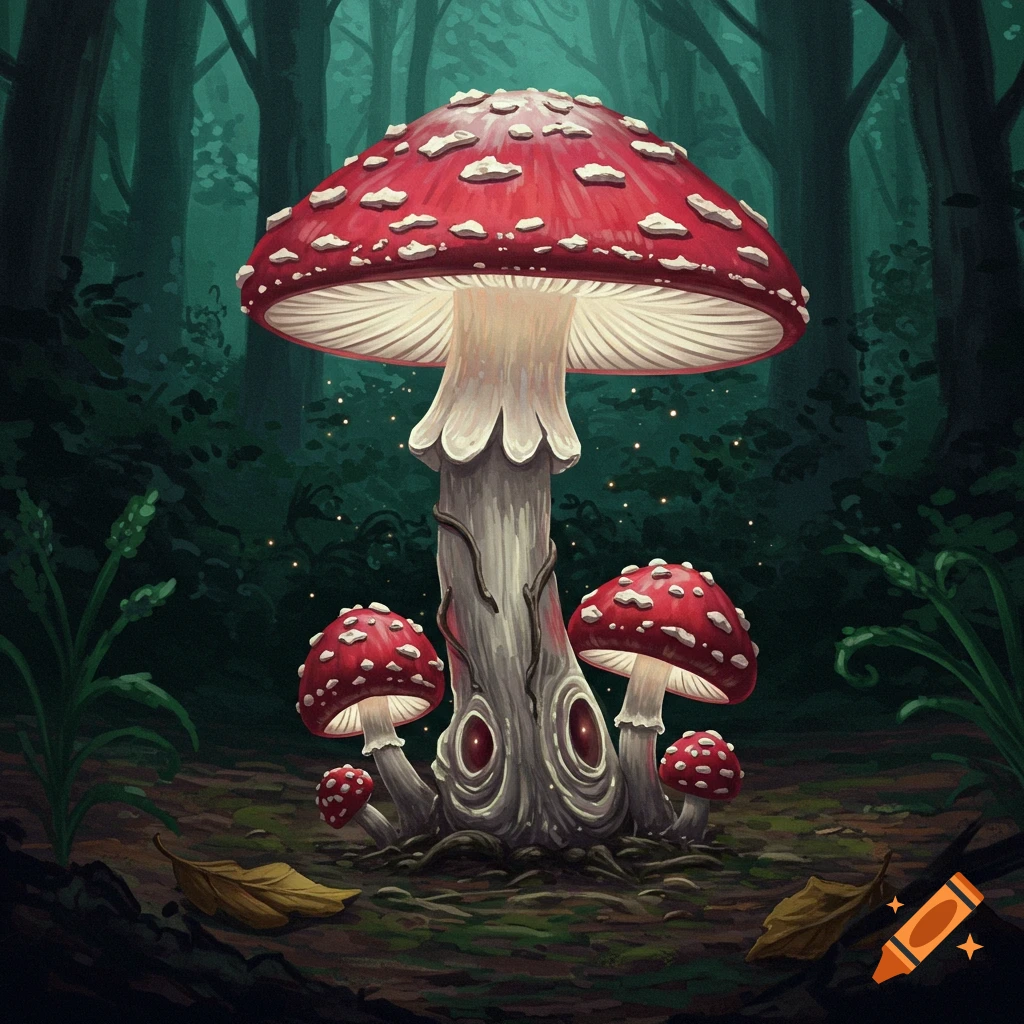 A large mushroom mimic with eyes in the stem stands in a dark forest, surrounded by smaller mushrooms.