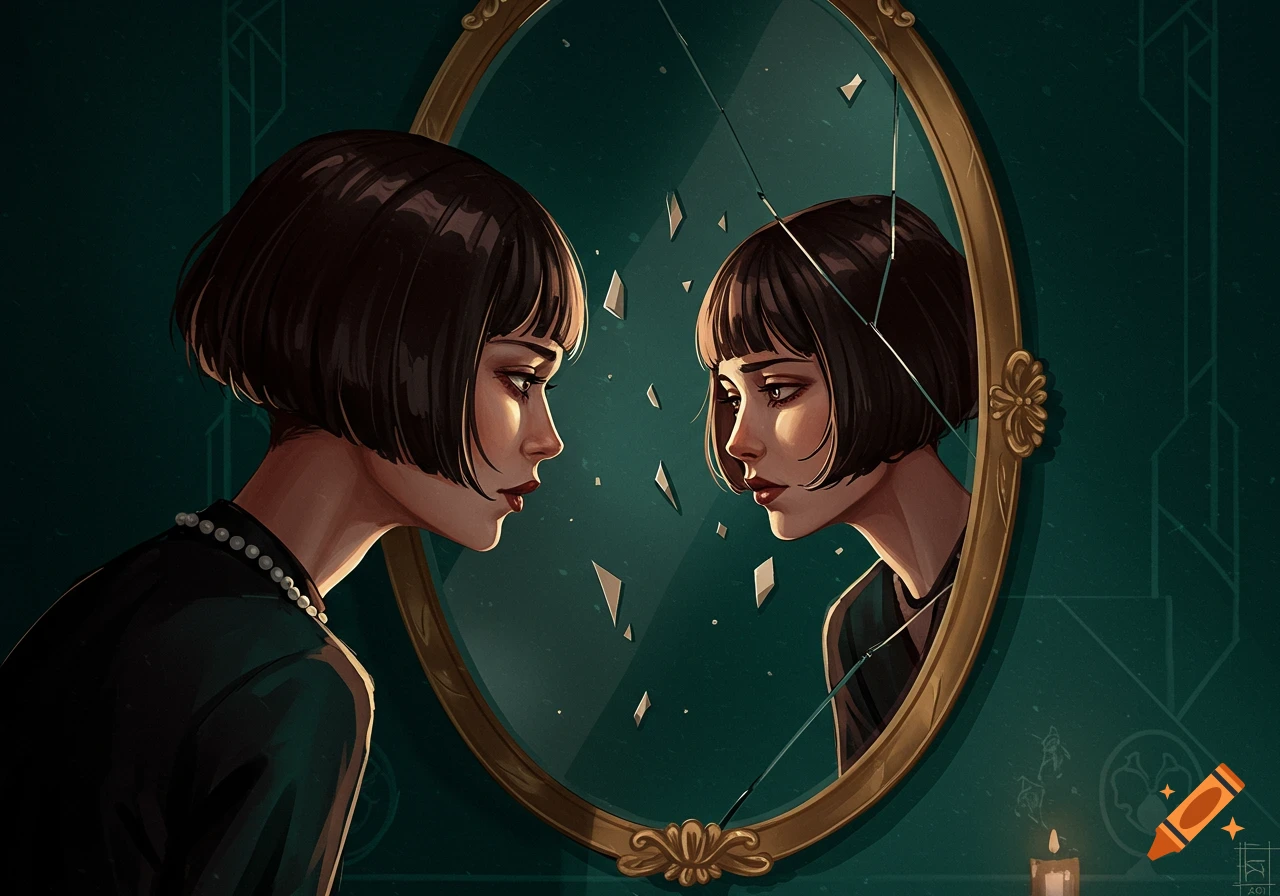 Digital painting of a woman with a bob haircut looking into a broken oval mirror that reflects her face.