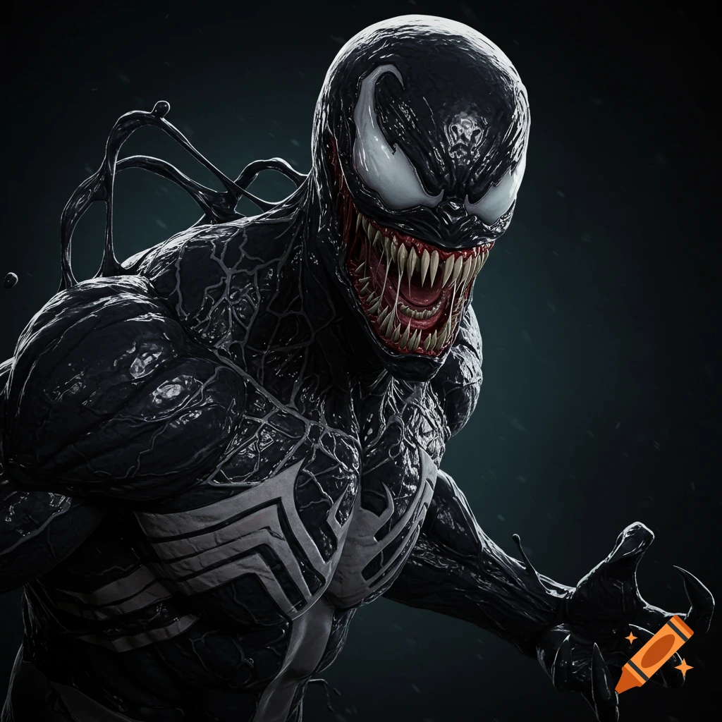 A close-up of Venom roaring with sharp teeth and slimy black skin.